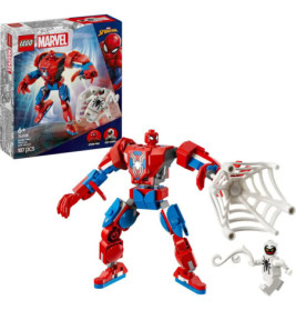 LEGO Marvel Spider-Man Set mit Spidey-Mech, Netzzubehör und weißer Schurkenfigur, Verpackung im Hintergrund.