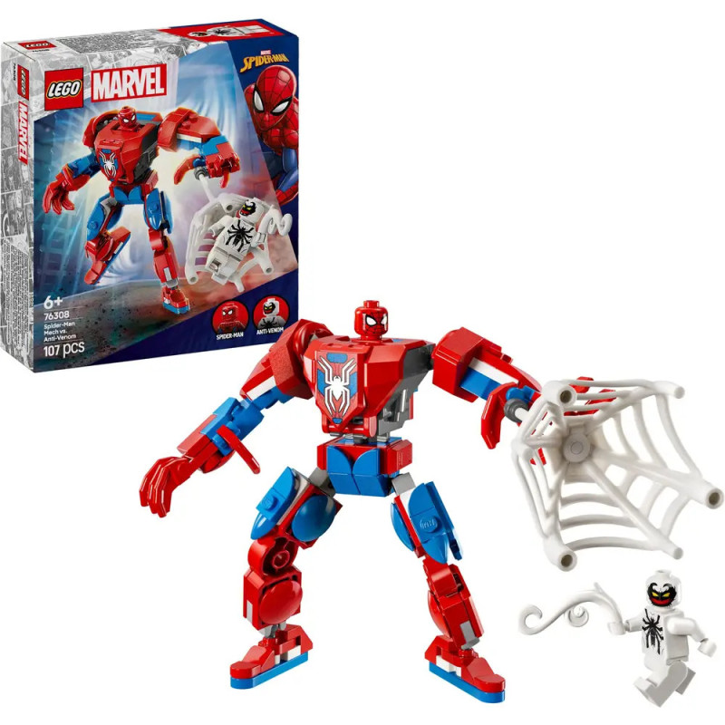 LEGO Marvel Spider-Man Set mit Spidey-Mech, Netzzubehör und weißer Schurkenfigur, Verpackung im Hintergrund.