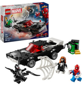 LEGO Marvel Set mit schwarzem Auto, Spider-Man- und Venom-Figuren, Netzteilen und Verpackung im Hintergrund.
