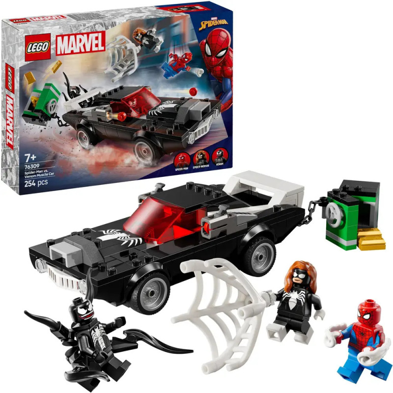 LEGO Marvel Set mit schwarzem Auto, Spider-Man- und Venom-Figuren, Netzteilen und Verpackung im Hintergrund.