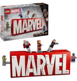 LEGO Marvel Set mit großem MARVEL-Logo und den Minifiguren Thor, Black Widow, Captain America und Iron Man.
