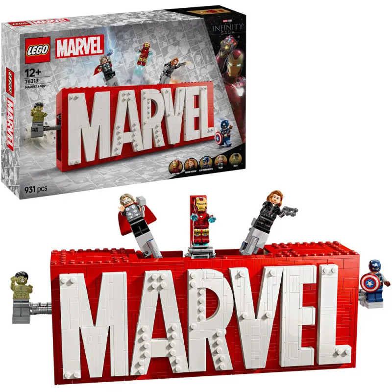 LEGO Marvel Set mit großem MARVEL-Logo und den Minifiguren Thor, Black Widow, Captain America und Iron Man. LEGO Marvel Set mit großem MARVEL-Logo und den Minifiguren Thor, Black Widow, Captain America und Iron Man.