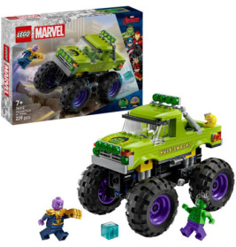 LEGO Marvel Hulk Monstertruck-Set mit Hulk- und Thanos-Minifiguren, Box im Hintergrund.