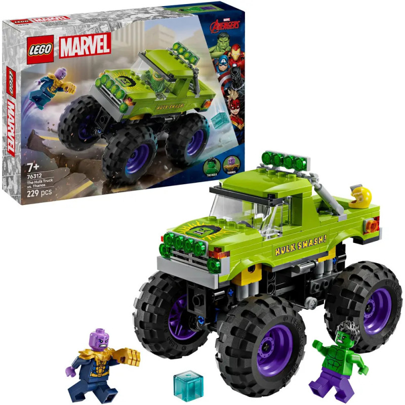 LEGO Marvel Hulk Monstertruck-Set mit Hulk- und Thanos-Minifiguren, Box im Hintergrund. LEGO Marvel Hulk Monstertruck-Set mit Hulk- und Thanos-Minifiguren, Box im Hintergrund.