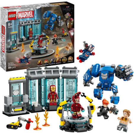 LEGO Marvel Iron Man Set mit Minifiguren, Roboterrüstung, Labor, Werkzeugen und Box im Hintergrund.