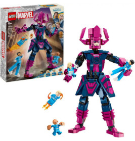 LEGO Marvel Set mit Galactus-Figur, Fantastic Four Minifiguren und der Verpackung im Hintergrund.