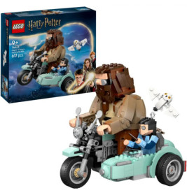 LEGO Harry Potter Set: Hagrid, Harry und Hedwig auf Motorrad, Verpackung im Hintergrund.