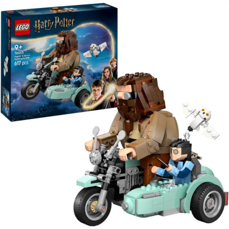 LEGO Harry Potter Set: Hagrid, Harry und Hedwig auf Motorrad, Verpackung im Hintergrund.