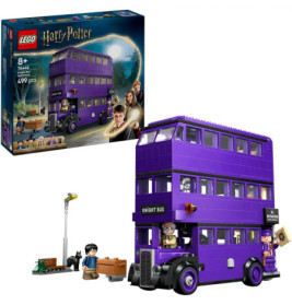 LEGO Harry Potter Ritter-Bus-Set: Lila Doppeldeckerbus mit Zubehör, Verpackung im Hintergrund.