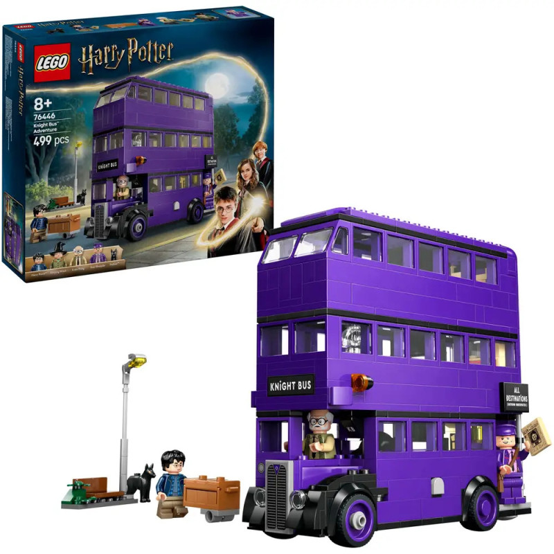 LEGO Harry Potter Ritter-Bus-Set: Lila Doppeldeckerbus mit Zubehör, Verpackung im Hintergrund.