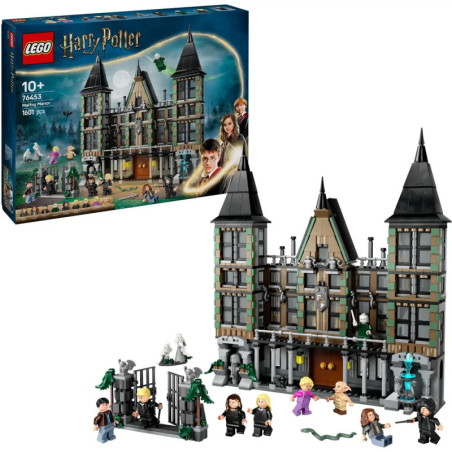 LEGO Harry Potter Hogwarts Set mit Schachtel, Schloss, Minifiguren und Schlange vorne ausgestellt.