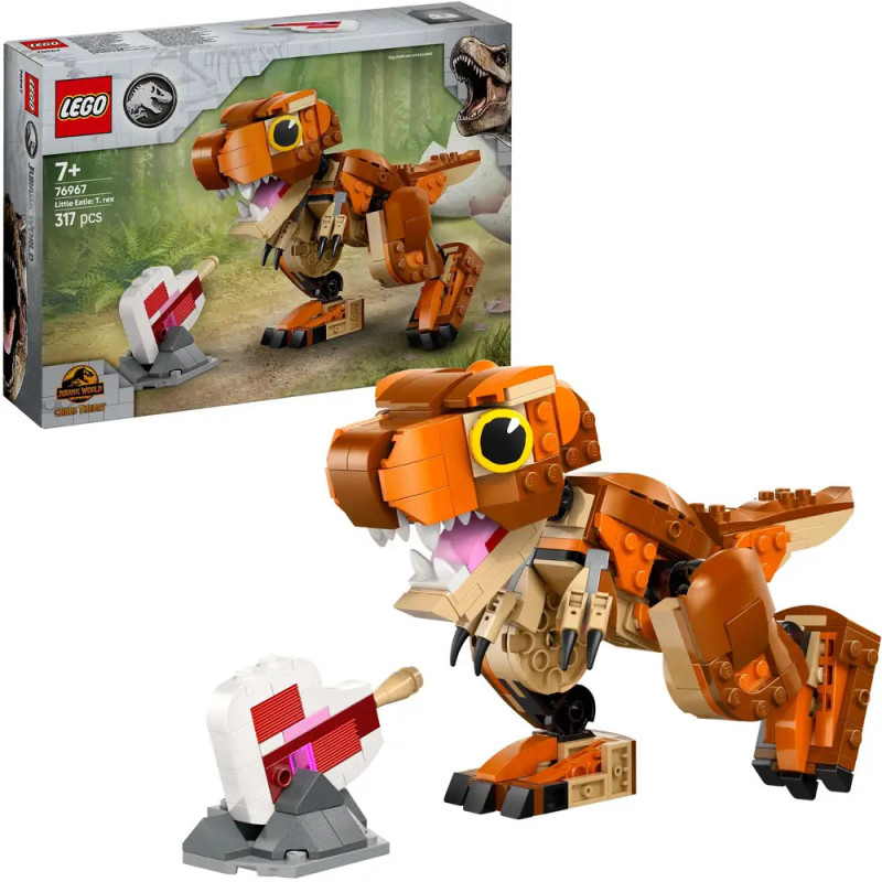 LEGO Jurassic World T-Rex mit baubarem Fleisch-Accessoire, Verpackung im Hintergrund.