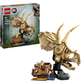 LEGO Jurassic World Triceratops-Schädel-Set mit Box, zeigt ein beigebraunes Dinosaurier-Schädel auf Ständer.