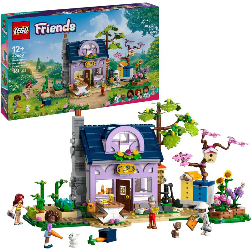 LEGO Friends Set mit buntem Haus, Garten, Minifiguren und Tieren Verpackungsabbildung oben zu sehen.