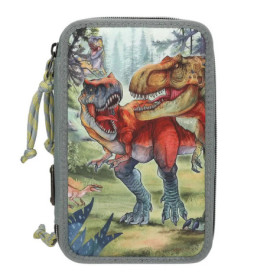 Federmäppchen mit Reißverschluss zeigt zwei brüllende T. rex in einer prähistorischen Waldlandschaft.