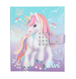 Buntes Einhorn-Tagebuch mit Tastaturschloss und Ylvi auf lila-blauem Cover mit Blumen.