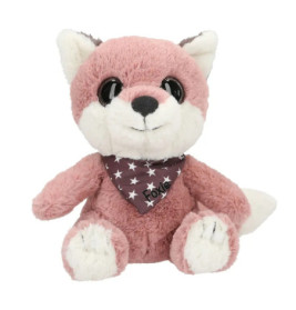 Plüsch-Fuchs in Rosa und Weiß mit sternengemustertem Halstuch, auf dem foxie steht.