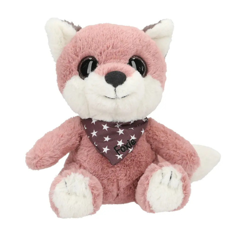 Plüsch-Fuchs in Rosa und Weiß mit sternengemustertem Halstuch, auf dem foxie steht.