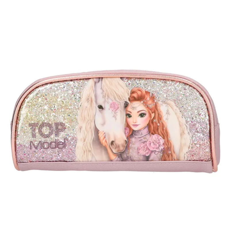 Rosa glitzerndes Etui mit Illustration eines Mädchens und eines weißen Pferdes, beschriftet mit TOP Model.