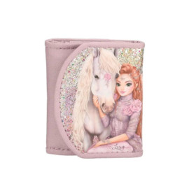 Pinkes Portemonnaie mit Abbildung eines Mädchens im lila Kleid und weißem Pferd auf glitzerndem Hintergrund.