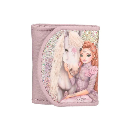 Pinkes Portemonnaie mit Abbildung eines Mädchens im lila Kleid und weißem Pferd auf glitzerndem Hintergrund.