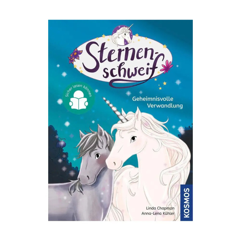 Buchcover mit zwei Einhörnern, einem weißen und einem grauen, und dem Titel Sternenschweif: Geheimnisvolle Verwandlung. Buchcover mit zwei Einhörnern, einem weißen und einem grauen, und dem Titel Sternenschweif: Geheimnisvolle Verwandlung.