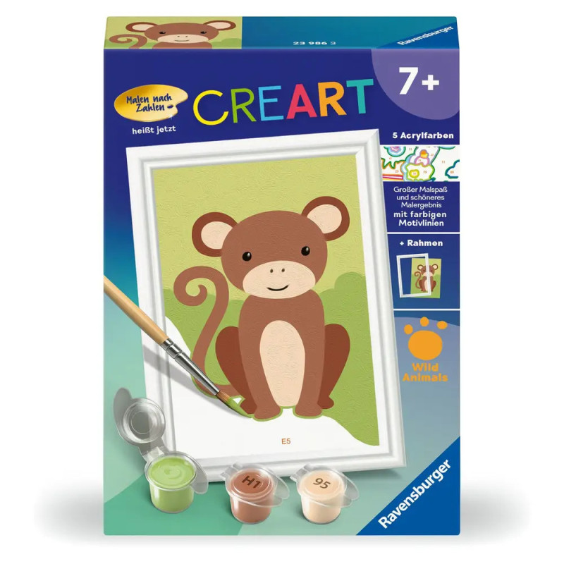 Malset für Kinder mit Cartoon-Affe, Farbtöpfchen und Pinsel auf der Verpackung.