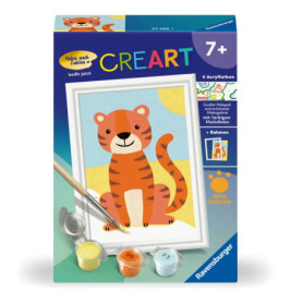 Malset mit rahmendem Cartoon-Tiger, Farbtöpfen, Pinsel und CREART-Logo, geeignet ab 7 Jahren.