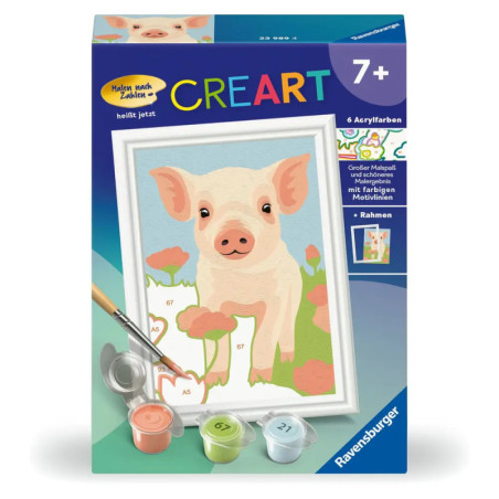 Malen-nach-Zahlen-Set für Kinder ab 7 Jahren mit Ferkel, Blumen und enthaltenen Farbtöpfen.