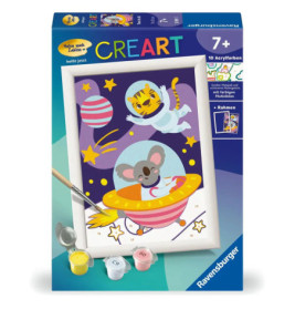 CreArt Malen-nach-Zahlen-Set mit Tiger-Astronaut und Maus im Raumschiff im Weltall, geeignet ab 7 Jahren.