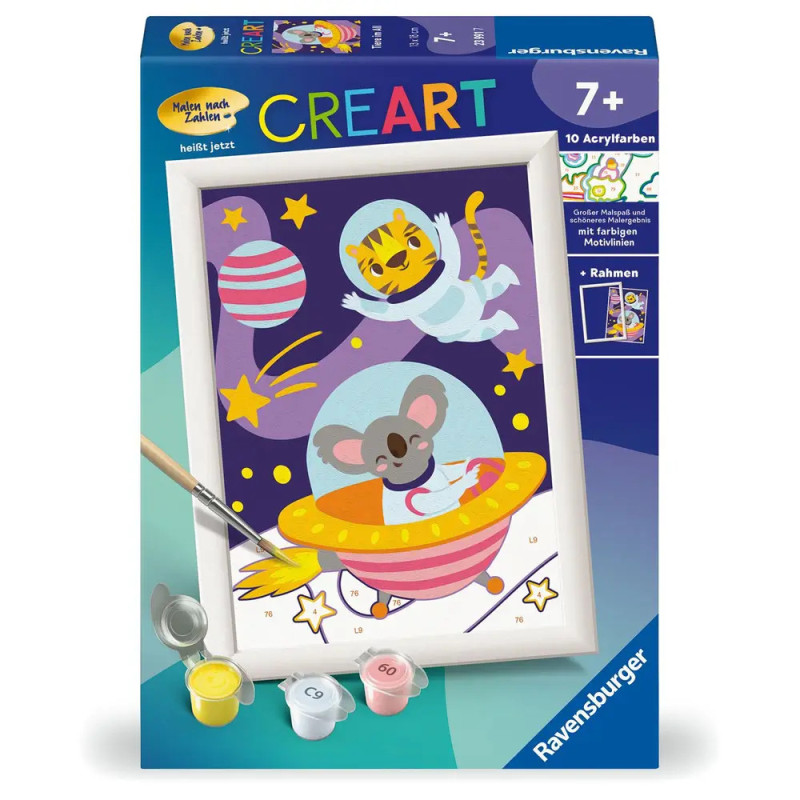 CreArt Malen-nach-Zahlen-Set mit Tiger-Astronaut und Maus im Raumschiff im Weltall, geeignet ab 7 Jahren.