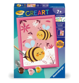 Malset mit Bienen- und Blumenmotiv, Farbbehältern, Pinsel und rosa Rahmen in einer Box.