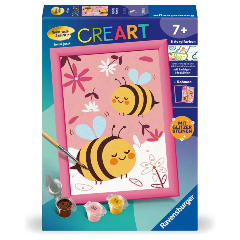 Malset mit Bienen- und Blumenmotiv, Farbbehältern, Pinsel und rosa Rahmen in einer Box.