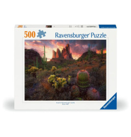 500-teiliges Ravensburger Puzzle mit einer Wüstenlandschaft, Kakteen und Bergen bei Sonnenuntergang.