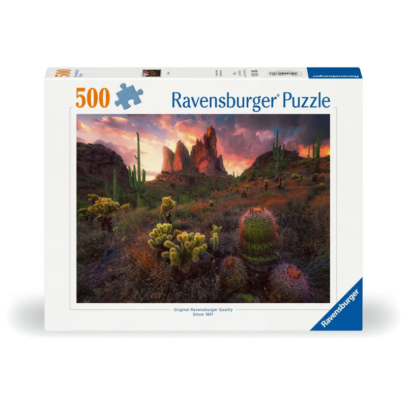 500-teiliges Ravensburger Puzzle mit einer Wüstenlandschaft, Kakteen und Bergen bei Sonnenuntergang. 500-teiliges Ravensburger Puzzle mit einer Wüstenlandschaft, Kakteen und Bergen bei Sonnenuntergang.