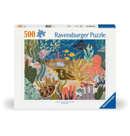 Ravensburger Puzzle mit 500 Teilen, zeigt eine bunte Unterwasserwelt mit verschiedenen Meerestieren.