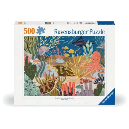 Ravensburger Puzzle mit 500 Teilen, zeigt eine bunte Unterwasserwelt mit verschiedenen Meerestieren.