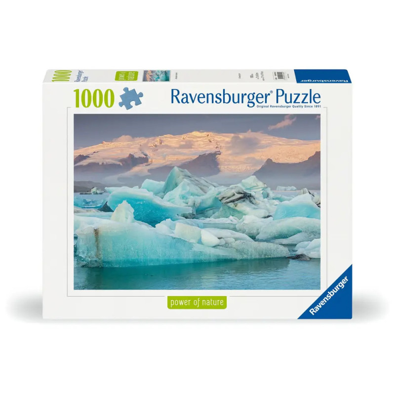 Ravensburger Puzzle mit 1000 Teilen: Schachtelmotiv zeigt Eisberge in einer kalten, malerischen Landschaft.