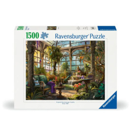 Ravensburger Puzzle mit 1500 Teilen: Üppige Indoor-Gartenszene mit Brunnen und vielen Pflanzen.