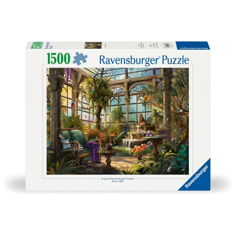 Ravensburger Puzzle mit 1500 Teilen: Üppige Indoor-Gartenszene mit Brunnen und vielen Pflanzen. Ravensburger Puzzle mit 1500 Teilen: Üppige Indoor-Gartenszene mit Brunnen und vielen Pflanzen.