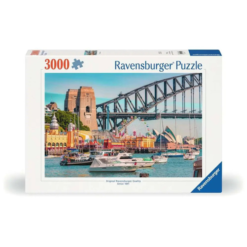 Ravensburger Puzzlebox mit 3000 Teilen zeigt Sydney Harbour mit Opernhaus und Harbour Bridge. Ravensburger Puzzlebox mit 3000 Teilen zeigt Sydney Harbour mit Opernhaus und Harbour Bridge.