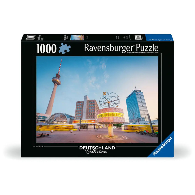 Ravensburger Puzzle, 1000 Teile, mit Berliner Wahrzeichen wie dem Fernsehturm und der Weltzeituhr auf der Schachtel. Ravensburger Puzzle, 1000 Teile, mit Berliner Wahrzeichen wie dem Fernsehturm und der Weltzeituhr auf der Schachtel.