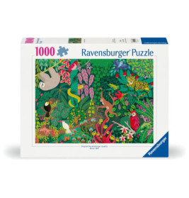 Ravensburger Puzzle, 1000 Teile, mit farbenfroher Regenwaldszene voller Tiere und Pflanzen.