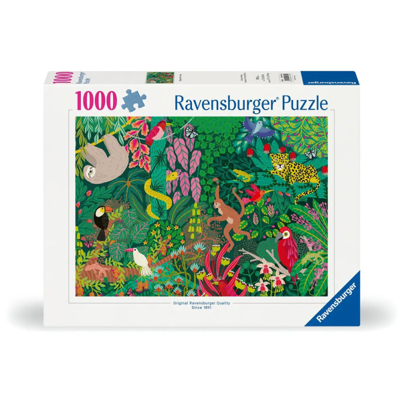 Ravensburger Puzzle, 1000 Teile, mit farbenfroher Regenwaldszene voller Tiere und Pflanzen.