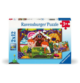 Ravensburger Puzzle mit Hänsel-und-Gretel-Motiv am Lebkuchenhaus, geeignet für Kinder ab 3 Jahren.