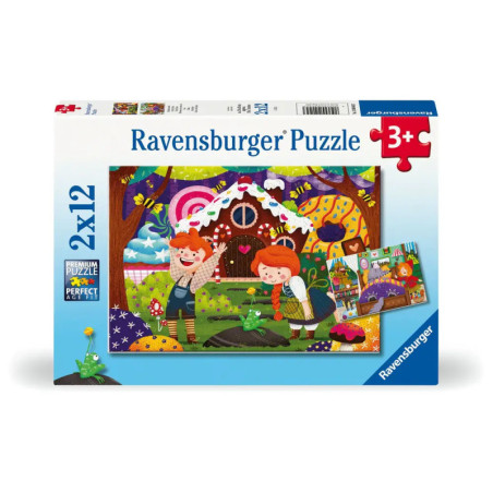 Ravensburger Puzzle mit Hänsel-und-Gretel-Motiv am Lebkuchenhaus, geeignet für Kinder ab 3 Jahren.