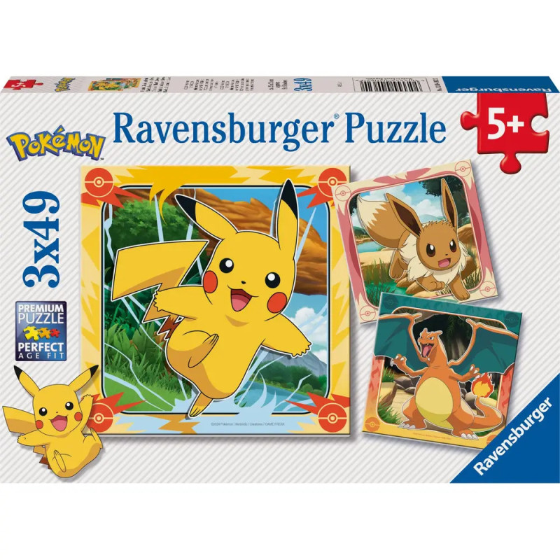 Ravensburger Pokémon-Puzzle mit Pikachu, Evoli und Glurak, empfohlen ab 5 Jahren.