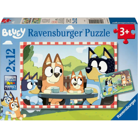 Bluey Puzzle-Box mit der Heeler-Familie beim Teetrinken am Außentisch, geeignet ab 3 Jahren.