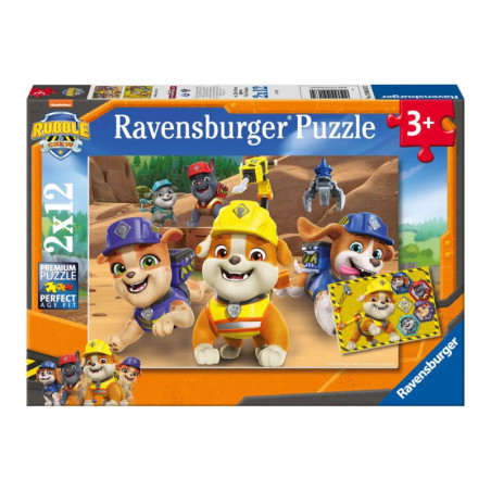 Ravensburger Puzzlebox Paw Patrol Rubble ab 3 Jahren, mit Hunden in Bauarbeiterkleidung abgebildet.