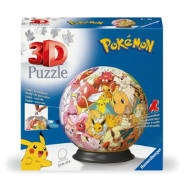 3D-Pokémon-Puzzle-Globus in der Box mit bunten Pokémon-Figuren und Pikachu-Abbildung auf der Vorderseite.